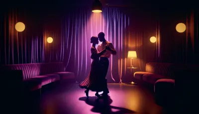 Editorial intimate slow-dance Angolan kizomba couple, deep purple ambient light, close embrace. Setting: dim lounge with velvet curtains. Color palette: deep violet, warm amber from a single lamp, soft skin tones. Portra 400 grain. Cinematic. 16:10. No text.