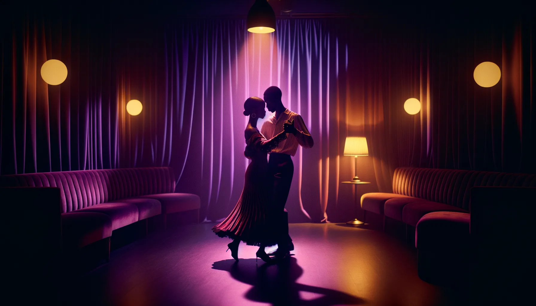 Editorial intimate slow-dance Angolan kizomba couple, deep purple ambient light, close embrace. Setting: dim lounge with velvet curtains. Color palette: deep violet, warm amber from a single lamp, soft skin tones. Portra 400 grain. Cinematic. 16:10. No text.