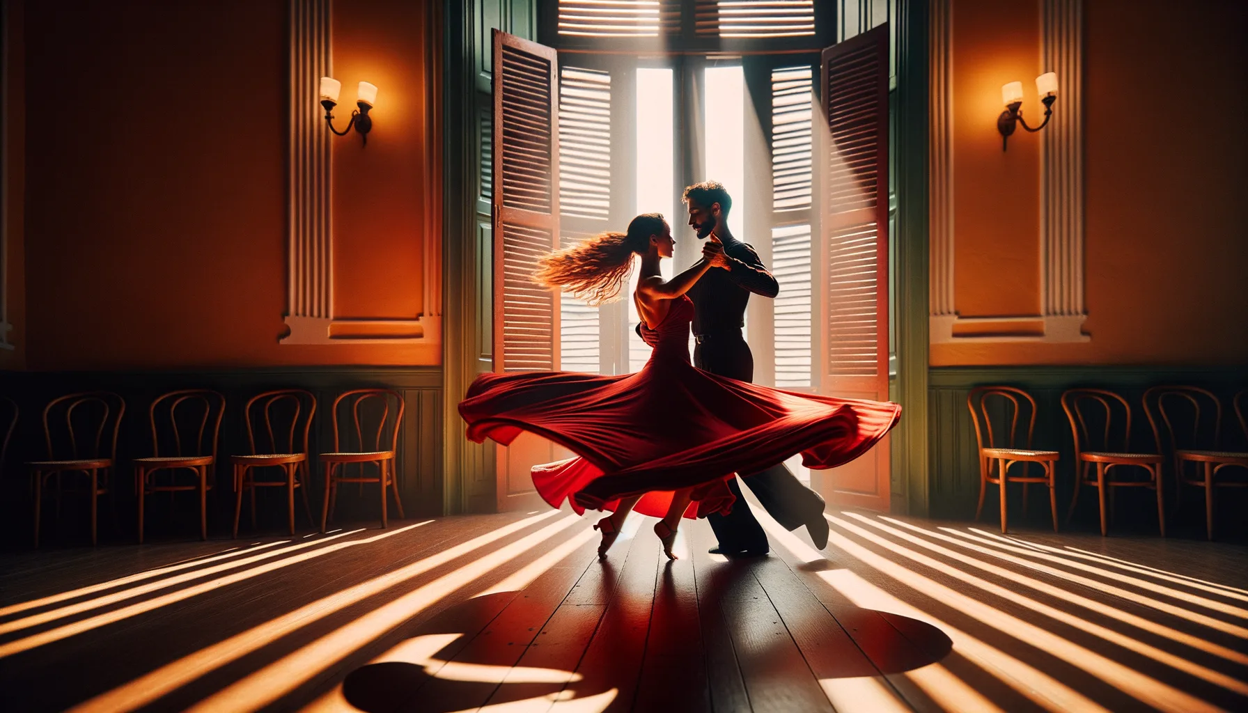 Editorial photograph of a Cuban salsa couple mid-spin, womans red dress flowing in motion blur, both barefoot on warm wooden floor of a Havana dance hall. Hot sun streaming through shutters creates striped shadows. Color palette: Cuban red, cream walls, deep burgundy accents. 50m