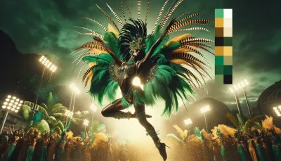 Editorial photograph of a Brazilian samba dancer mid-leap, feathers and tropical greens, side-lit dramatically. Setting: Rio de Janeiro carnival but stripped down to one figure. Color palette: emerald green, gold accents, deep cream background. Magazine editorial. 16:10. No text.