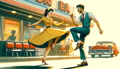 Editorial high-energy jive couple mid-kick, retro 1950s Americana aesthetic, woman in polka-dot swing dress. Setting: vintage diner exterior with neon. Color palette: vivid yellow, cherry red, cream. Sunlight, motion blur on legs. 50mm. 16:10. No text.