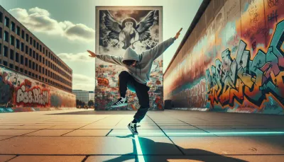 Editorial photograph of solo hip-hop b-boy mid-freeze pose on concrete plaza, urban backdrop with graffiti. Strong cyan neon accent from side, daylight overall. Color palette: neutrals plus cyan neon accent, warm concrete tones. Documentary feel, not staged. 35mm. 16:10. No text.