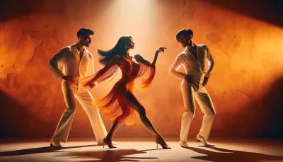 Editorial wide shot of cha-cha couple in playful pose, woman in orange fringe dress mid-shake, man in white guayabera shirt. Studio lighting with warm orange wash. Background: terracotta textured wall. Color palette: vivid orange, cream, terracotta. Cuban dance hall energy. 50mm.
