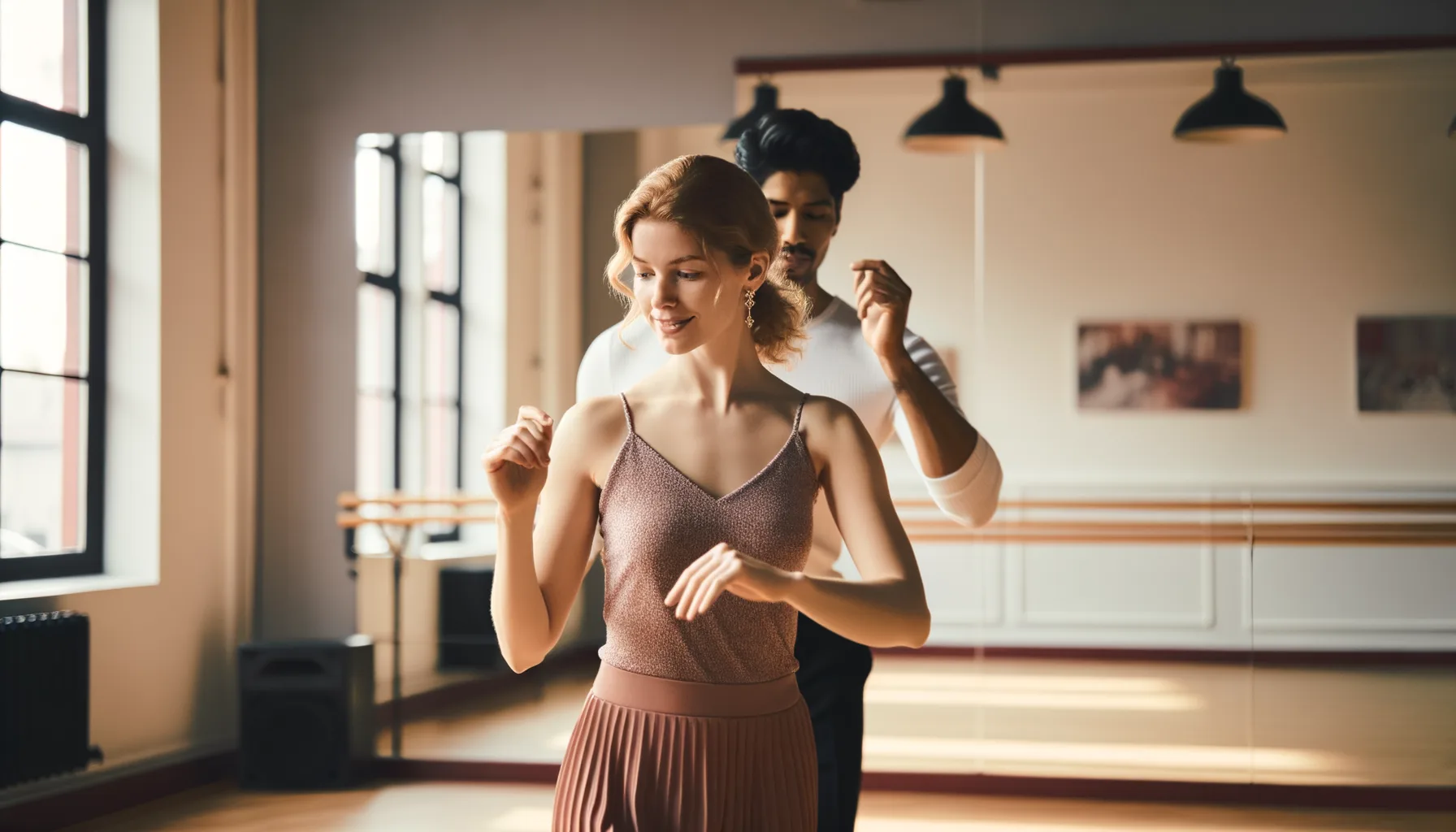 Editorial photograph of a beginner woman in dance studio at first lesson, wooden floor, mirror wall, soft natural light streaming through window. She is mid-step learning basic salsa, smiling but focused, instructor partially visible coaching with raised hand showing rhythm. Colo