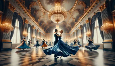Editorial photograph of Viennese waltz couple in formal attire, womans gown spinning in motion blur, ballroom setting with chandeliers. Setting: Hofburg Palace ballroom-style. Color palette: royal blue, gold, ivory marble. Painterly quality, soft and grand. 50mm. 16:10. No text. 