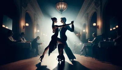 Editorial high-contrast photograph of tango couple in dramatic pose, womans leg extended in gancho, Buenos Aires milonga setting. Strong rim light from behind, faces in shadow. Color palette: midnight ink blue, wine red, ivory. Black-and-white-leaning with selective color. 50mm. 