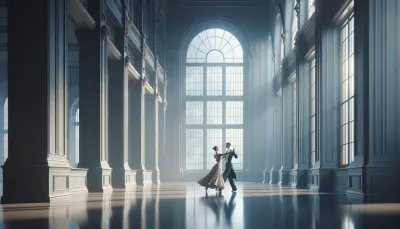 Editorial photograph of slow English waltz couple in serene closed hold, ballroom with tall windows, soft overcast light. Restraint and elegance dominant. Color palette: steel blue-grey, cream, charcoal. Minimalist composition. 50mm. 16:10. No text.